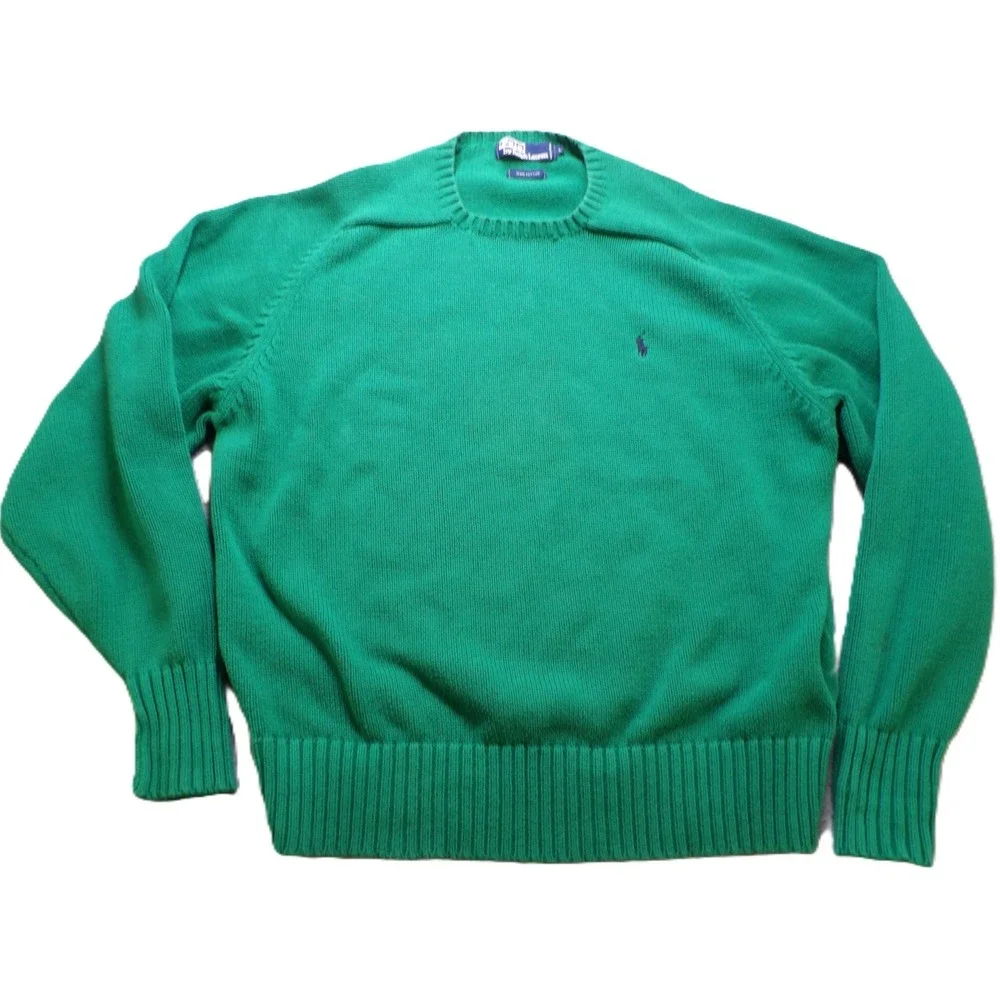VTG Polo Ralph Lauren Crewneck Sweater Heavy Cotton Knit Men Large Green Pony 90